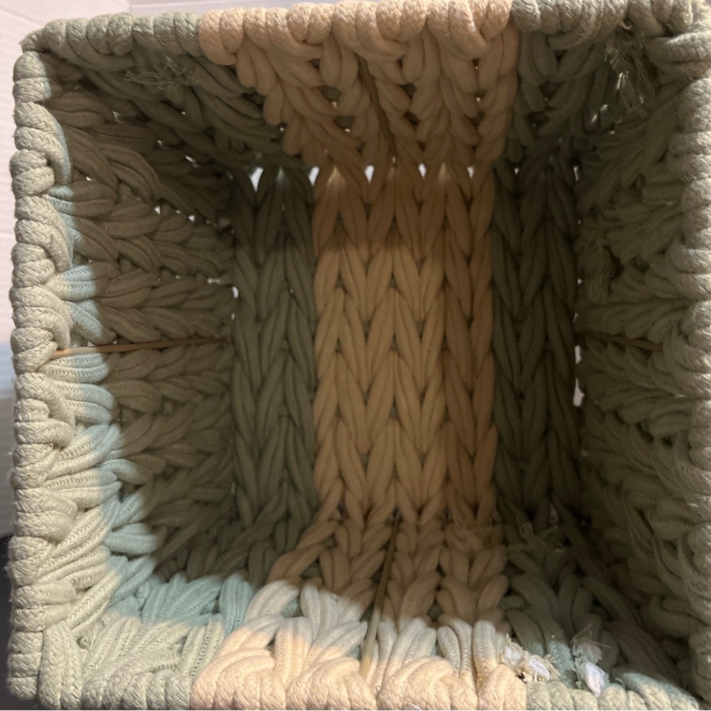 New Two-Tone Woven Decorative Storage Bin – 10” Square Basket (Green & Cream) - Picture 5 of 5